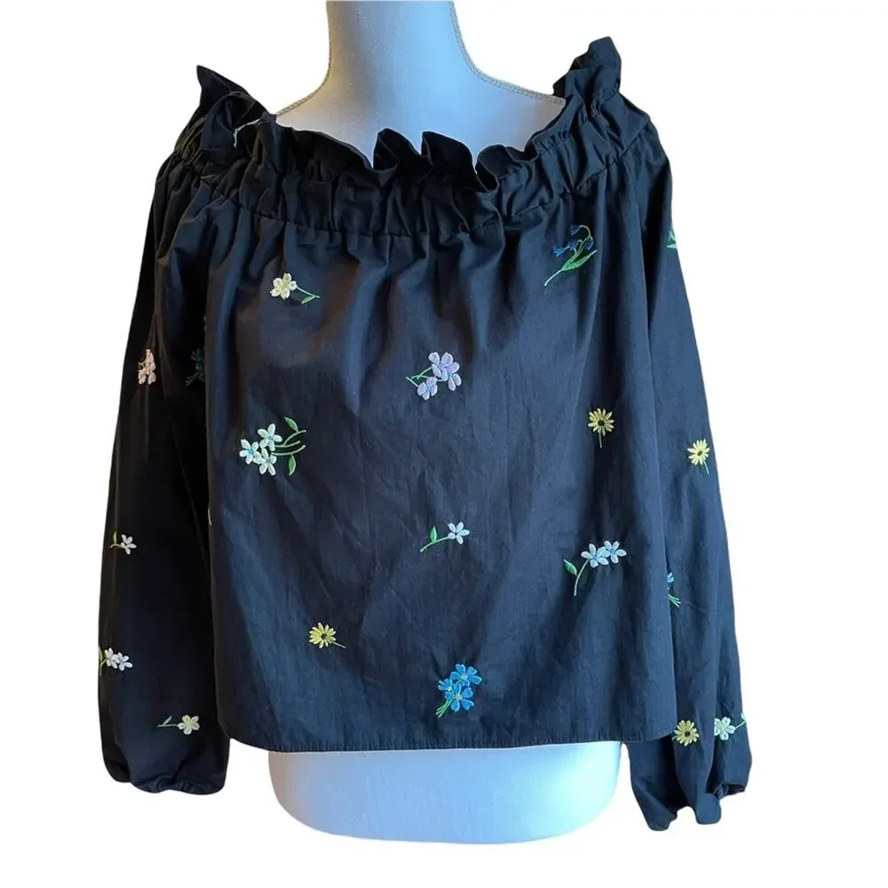 Topshop Black Off The Shoulder Embroidered Floral Top Size 8 - Picture 3 of 10